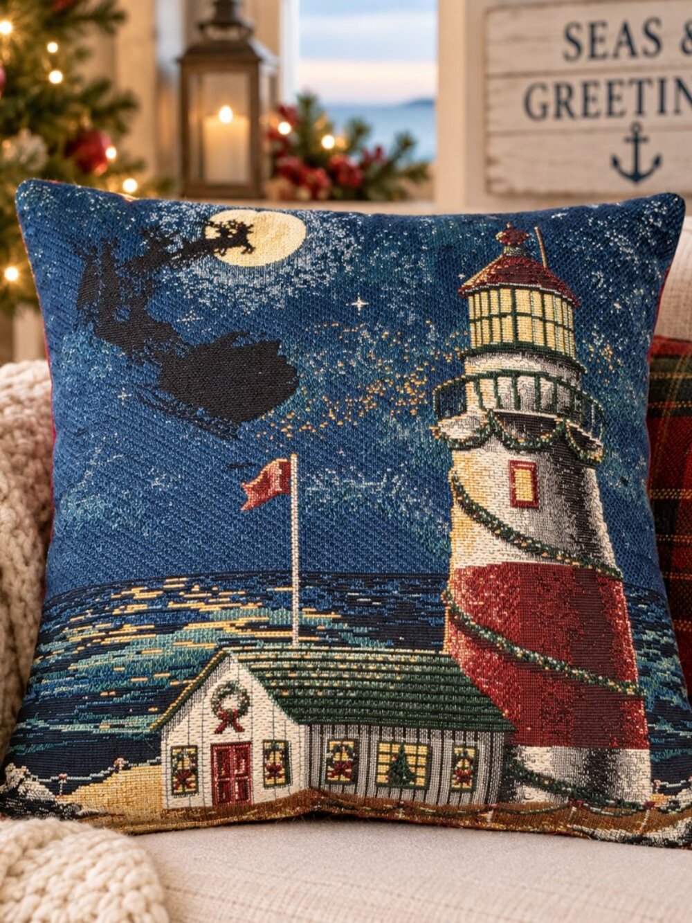 Holiday Lighthouse Christmas Coastal Nautical Decorative 12x12 Pillow